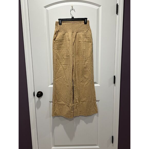 NWOT Dark Tan Smocked Waist Linen Blend Wide Leg Pants Size Medium - Picture 4 of 5